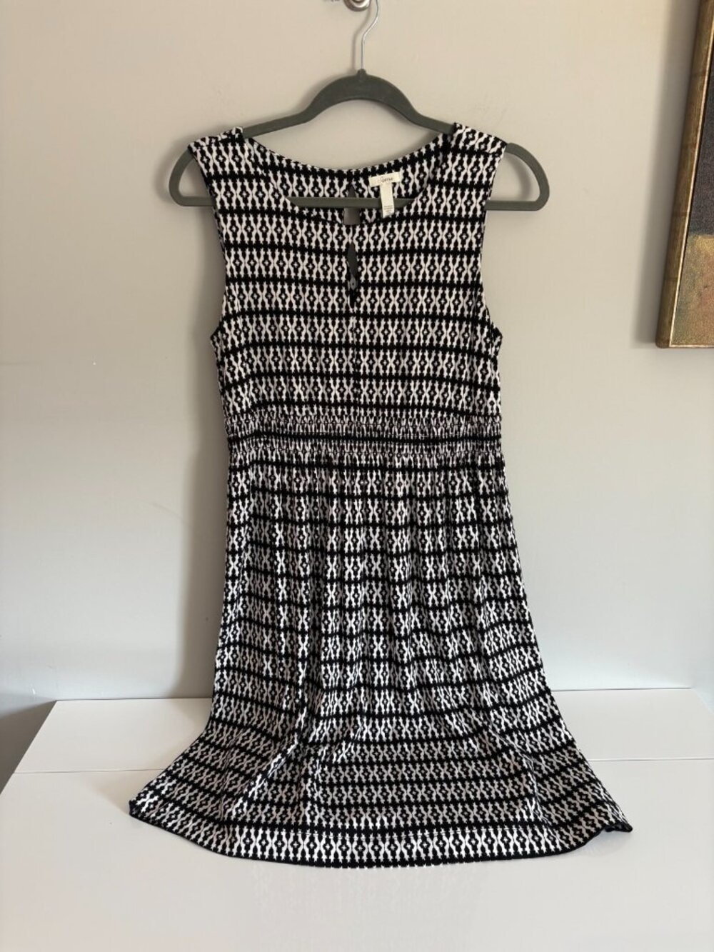 SOMA Dress Fit and Flare Smocked Elastic Waist Black White Geometric Medium
